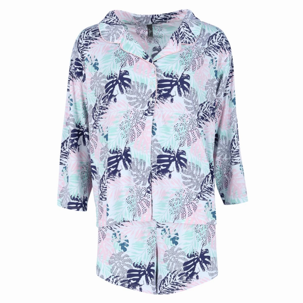 Drop Shoulder Design Adjustable Drawcord Hem Women's Plus Size Tropic Palms Notch Collar Short Set