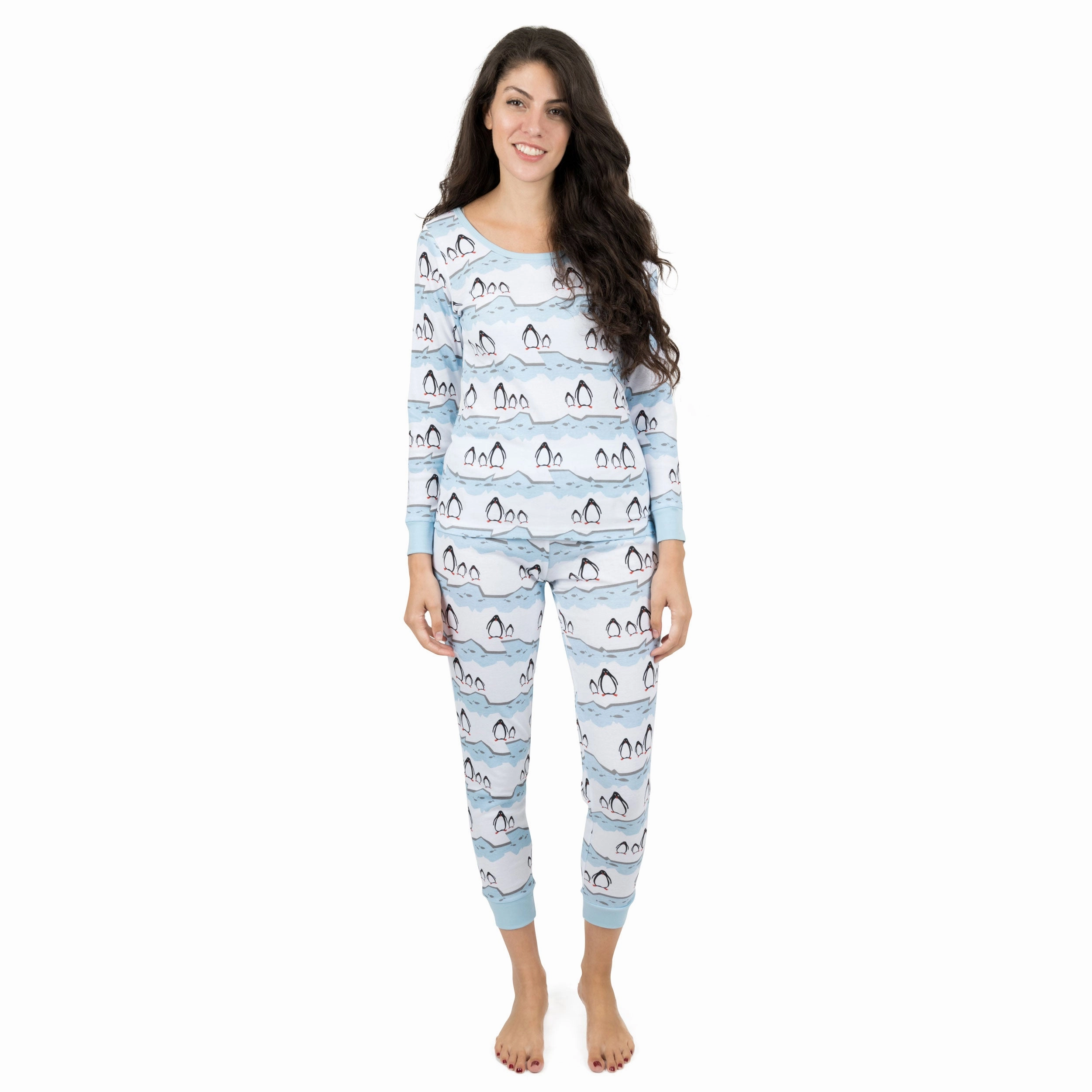 Christmas Womens Two Piece Cotton Pajamas Penguin Abrasion Resistant Edges