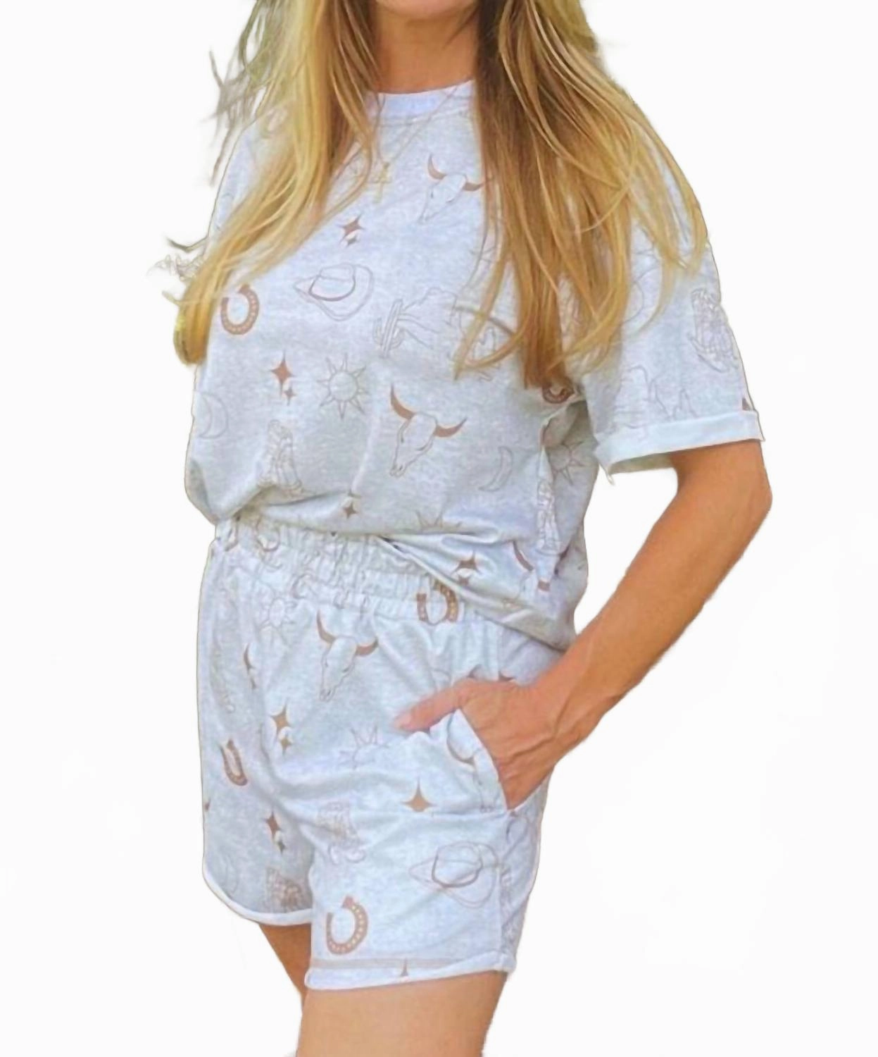 Western Fashion Printed T-Shirt And Elastic Waist Shorts Set In Blue Abrasion Resistant Edges