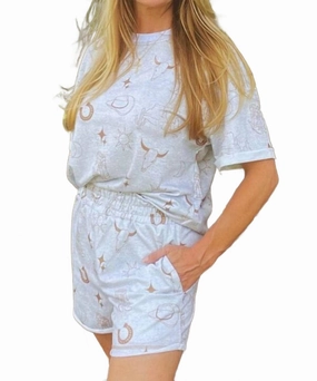 Western Fashion Printed T-Shirt And Elastic Waist Shorts Set In Blue Abrasion Resistant Edges
