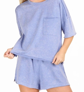 Waffle Knit Texture NoRoll Waistband Design Comfy Knit Top & Shorts Set In Mineral Washed