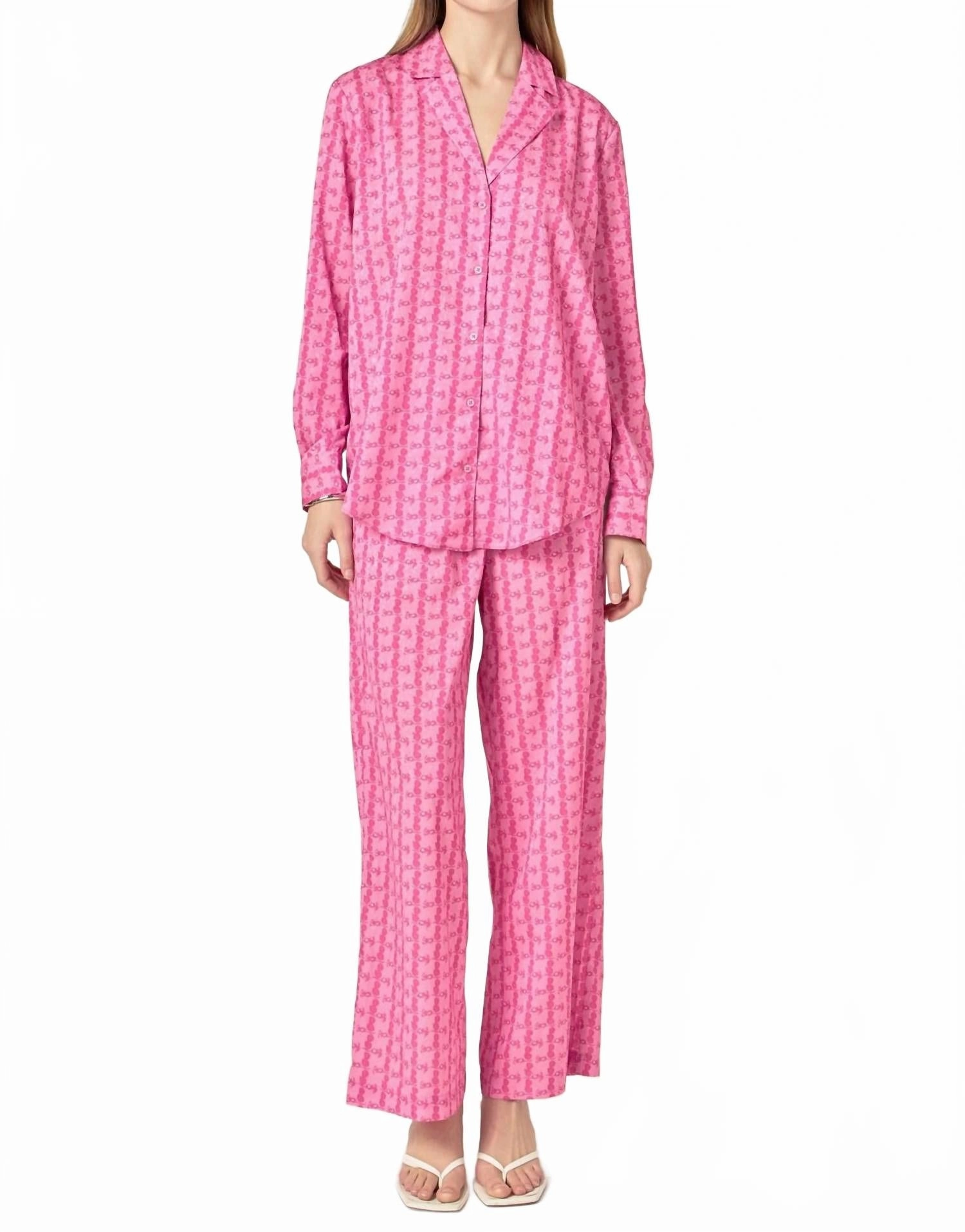 Oversized Hoodie Design Satin Printed Shirt & Pant Set In Hot Pink