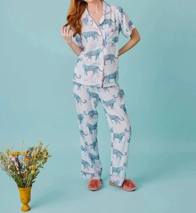 Tagless Labeling Cosmic Cheetah Pajama Pant Set In Light Blue