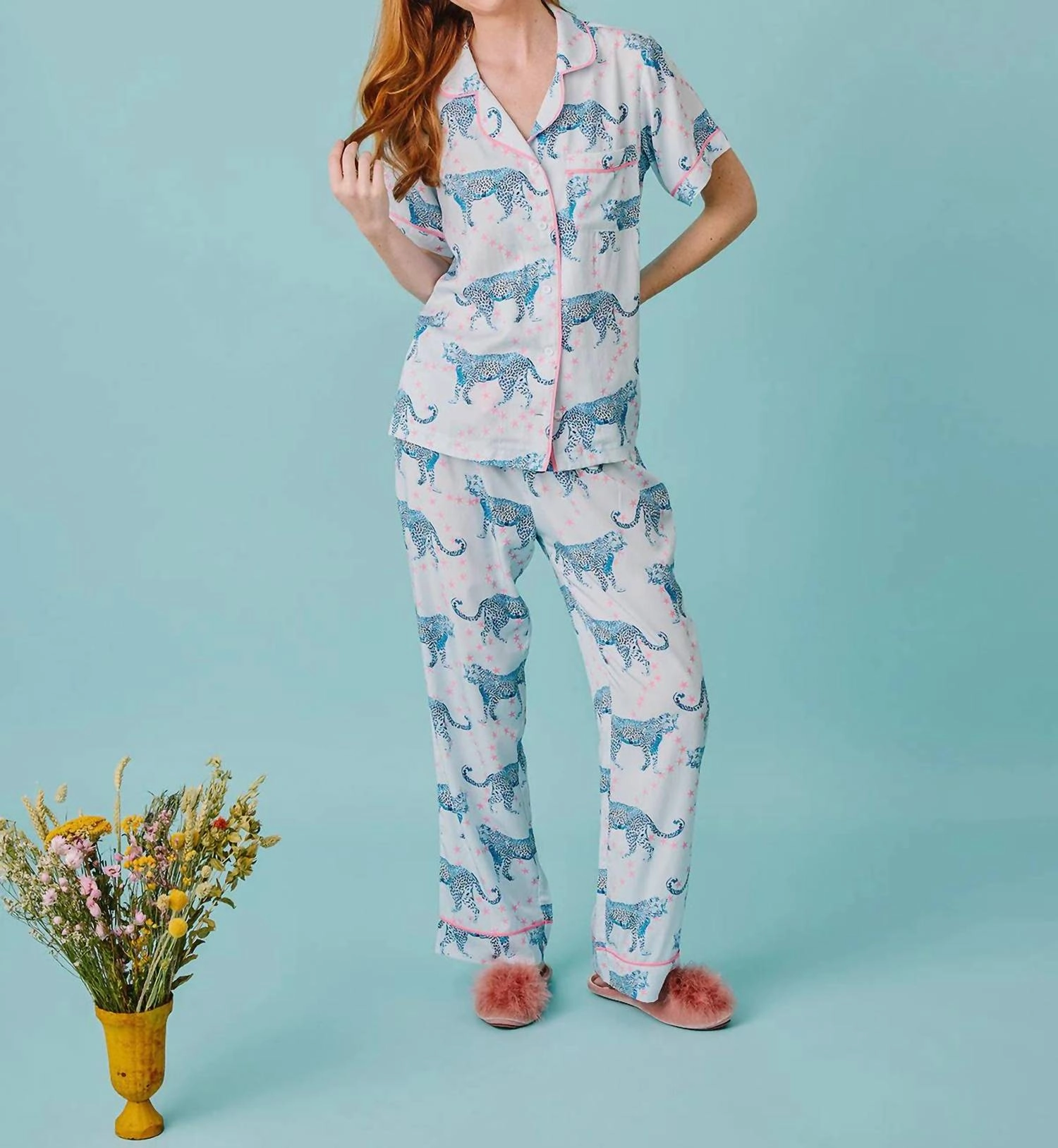 Cosmic Cheetah Pajama Pant Set In Light Blue Wide Leg Cut Breathable fabric