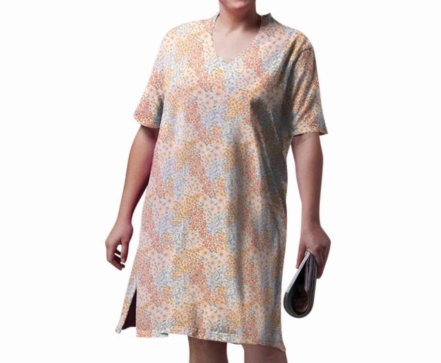 Cotton Ultra Soft Short Sleeve Sleep Tee - Plus In Ditzy Patchwork Floral Non Chafe Seams Cozy Fabric Blend