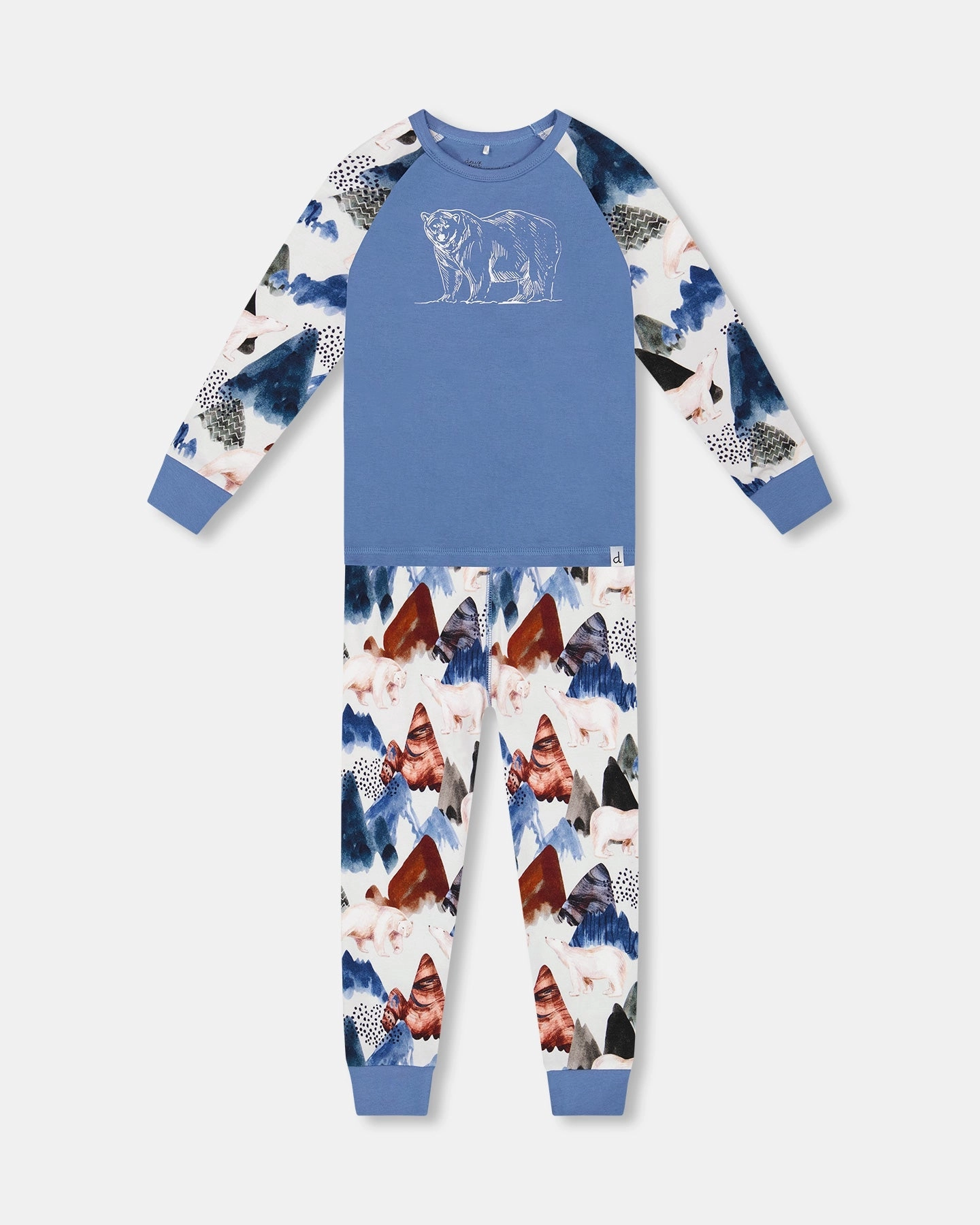 Two-Piece Organic Cotton Pajama Set White Bear Print Butterfly Hem Detail AntiPill Fabric