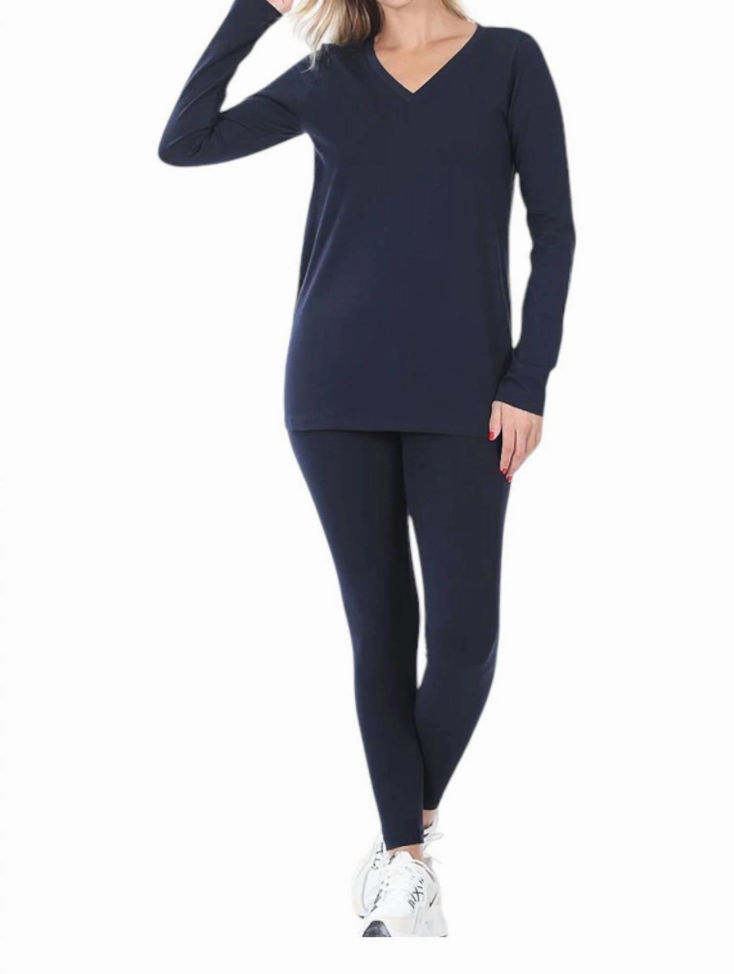 Skin Temperature Control Vneck Top And Leggings Lounge Pajama Set In Navy