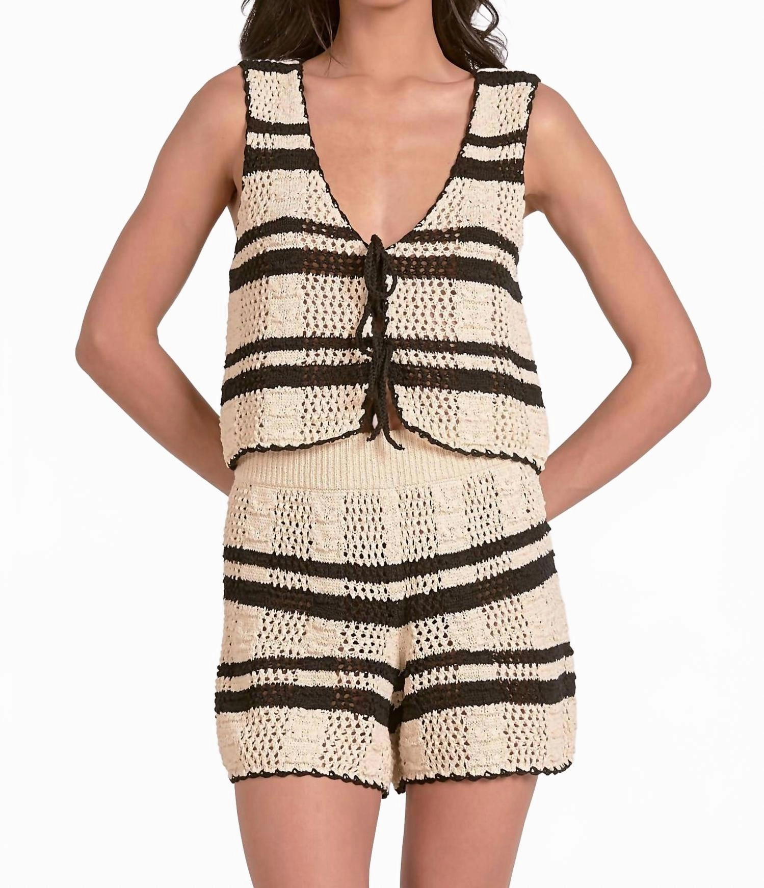 Crochet Vest And Short Set In Natural Black Stripe Roomy Armholes