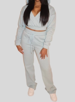 Zero Irritation Finish DoubleLayered Knee Patch Cropped Hoodie Sweatsuit In Blue Green