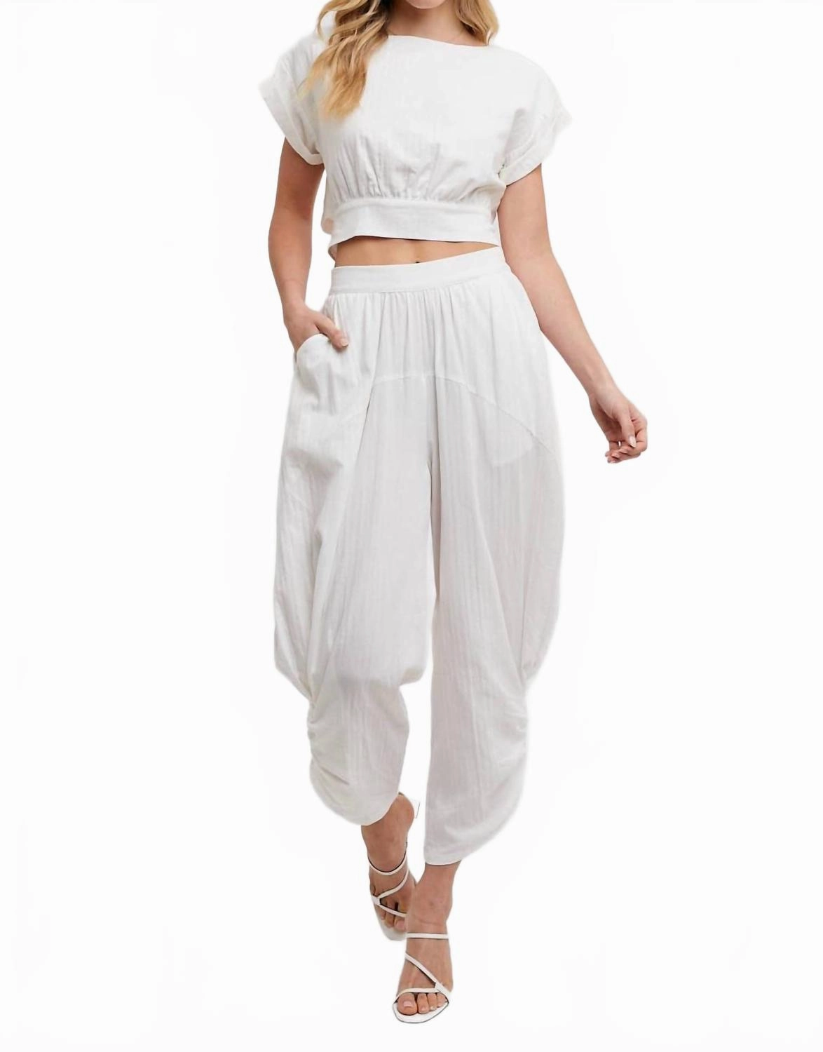 Cropped Ribbon Tie-Back Top With Matching Harem Pants In White Moisture Wicking Technology