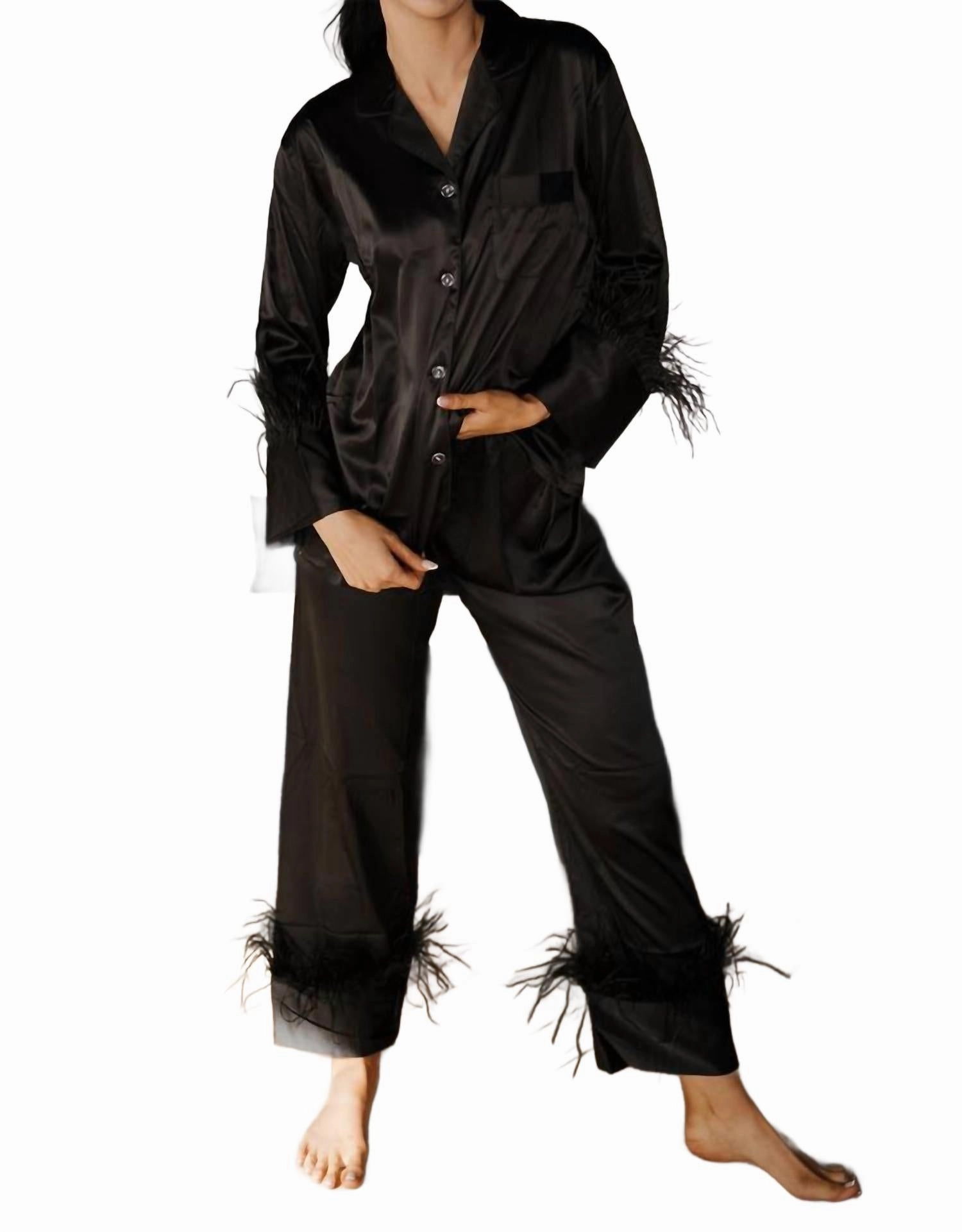 Thermal Insulation Layer Feather Pajama Set In Black