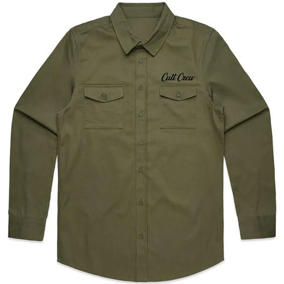 Cult Militant Button Up Shirt - Army Green Relaxed Vibe Anti Static Fabric