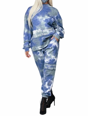 Denim Stonewashed Jogger Set In Blue DoubleStitched Hems