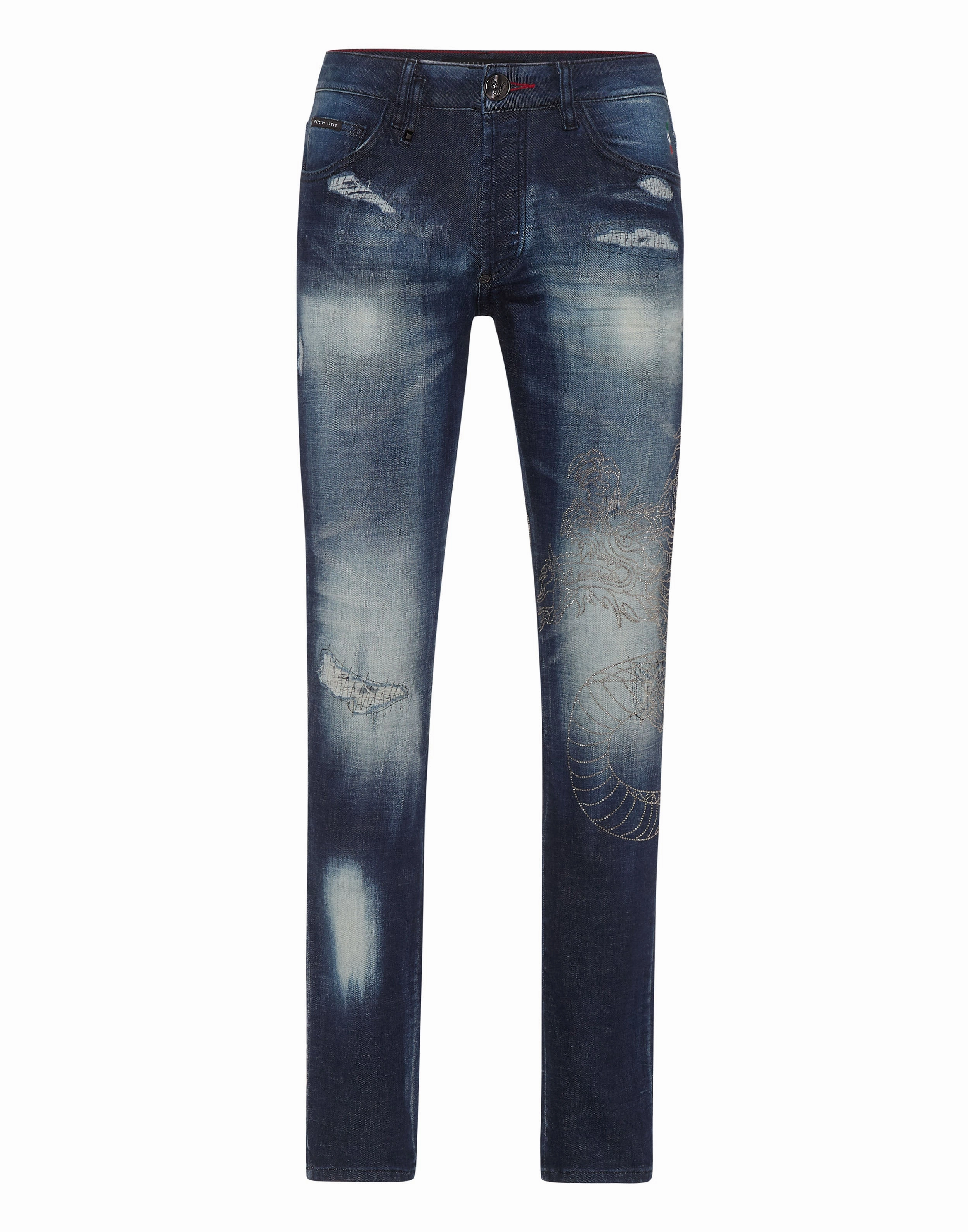 Denim Trousers Super Straight Cut Dragon Strass Simple Match