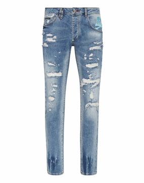 Denim Trousers Super Straight Cut Skull&Bones Basic Style Hidden Rivet Details