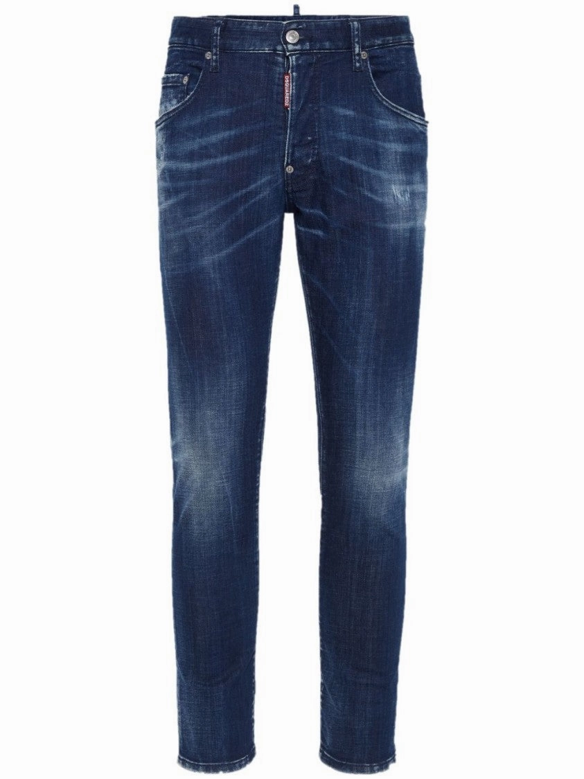 Navy Blue Slim Cut Jeans With Whiskering Effect Mid Rise Structure All Purpose