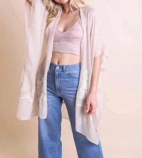 Zero Irritation Finish Organic Cotton Blend Lightweight Floral Embroidered Tassels Boho Festival Kimono Wrap In White