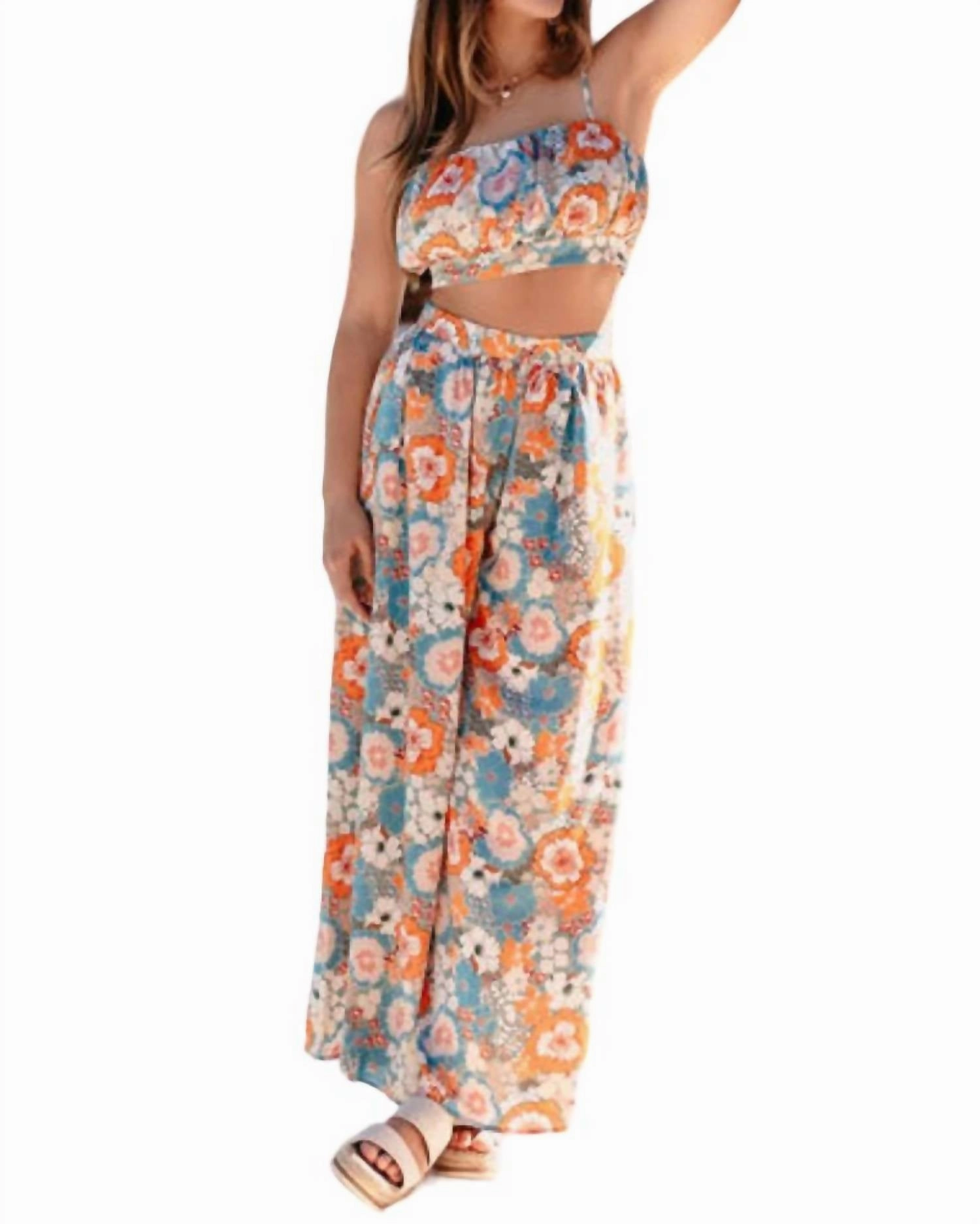 Harmony Flower Power Crop Top & Flare Pant Set In Blue/orange Stretch Elastic Waistband HighWaisted Design