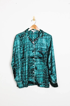 Minimalist Style Soft Fabric Women's Satin Pj Set In Emerald Plaid