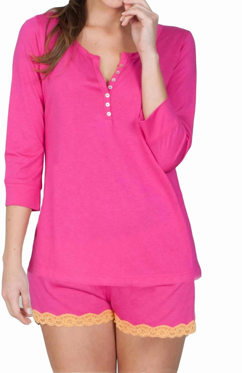 Adjustable drawstring Cozy Thermal Insulation Adriana 3/4 Sleeve Henley Shorty Pajama Set In Magenta