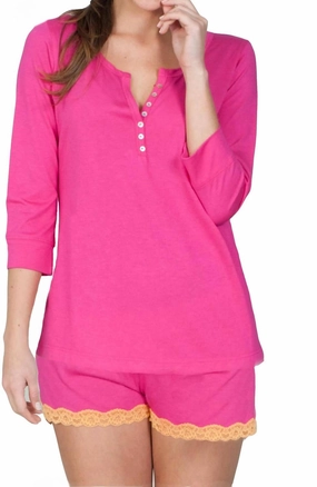 Flexible Elastic Seams Machine Washable Fabric Adriana 3/4 Sleeve Henley Shorty Pajama Set In Magenta