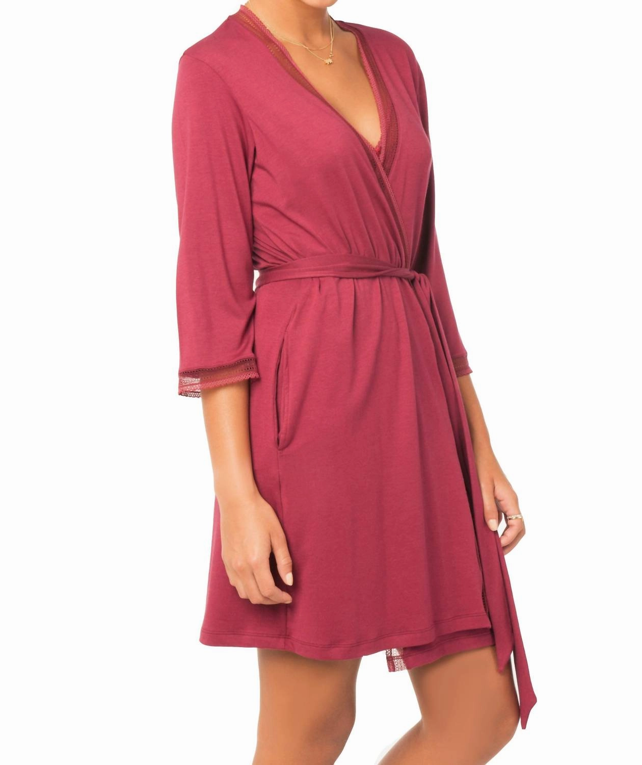 Rebecca Elbow Sleeve Robe In Wine Multi Directional Stretch Double Layered Collar