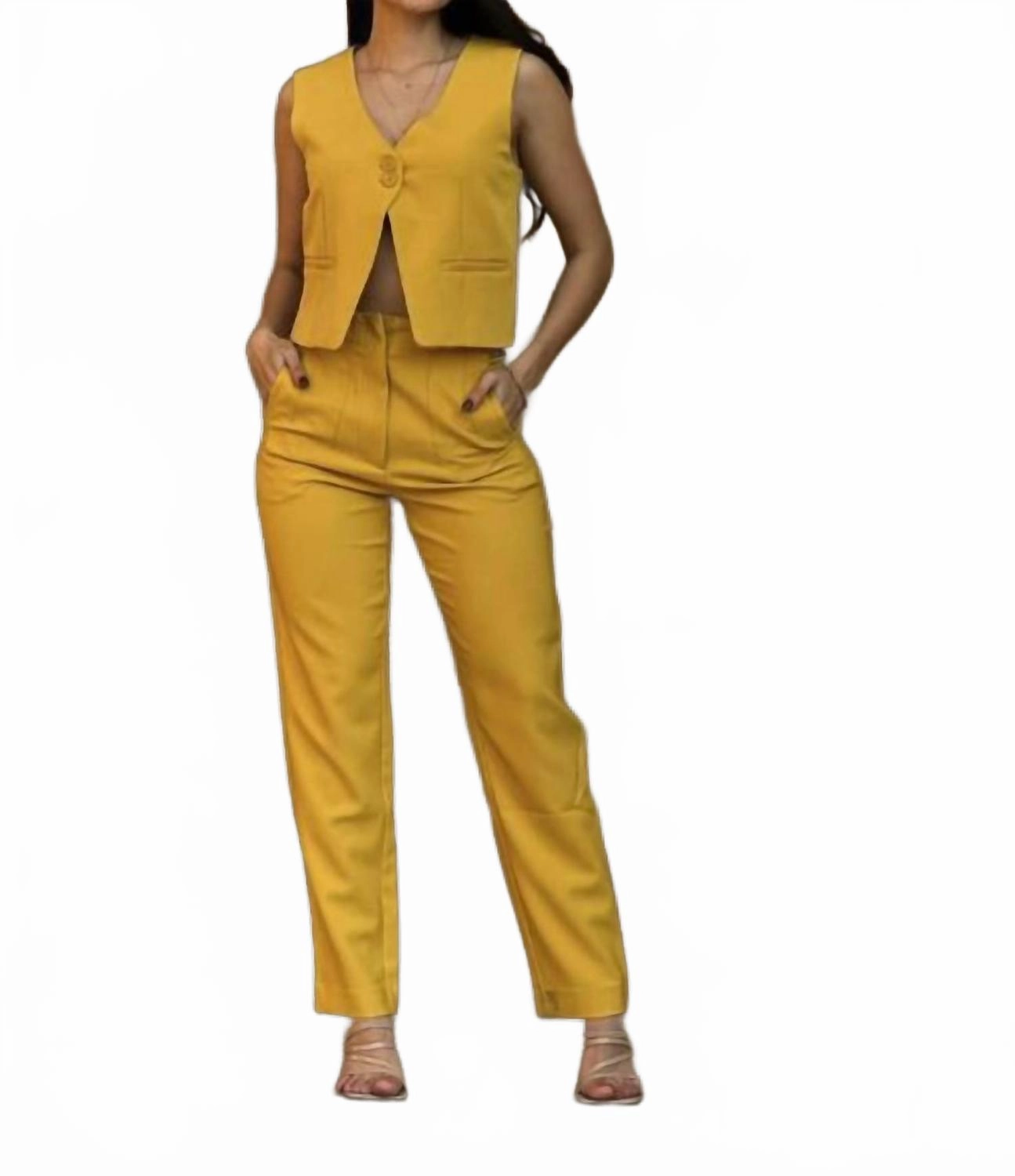 Organic Cotton AntiPill Fabric High Waisted Casual Pants & Dressy Vest Set With 2 Buttons In Mustard