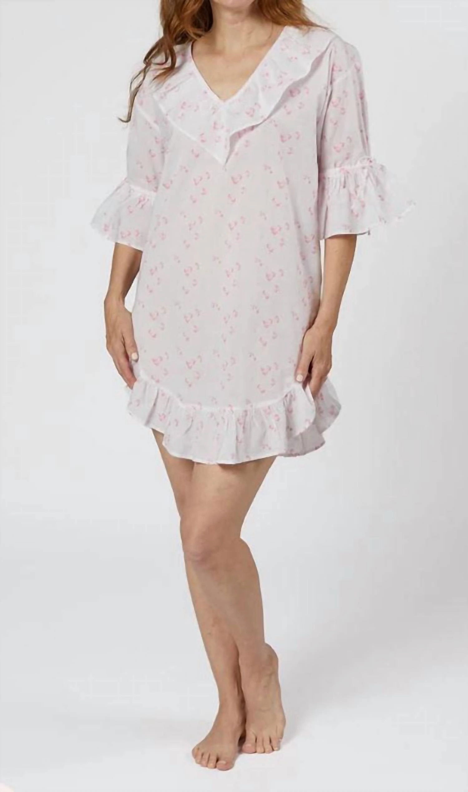 Lily Cotton Poet Nightshirt In Pink Floral WrinkleResistant Fabric