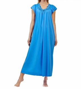 Flatlock stitching Rosebud Long Cap Sleeve Nightgown In Sapphire