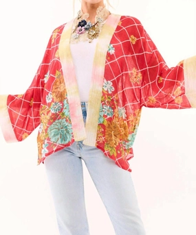 Borrocow Beauty Hand Embellished Kimono In Vintage Coral Stretch waistband Flexible Waistband