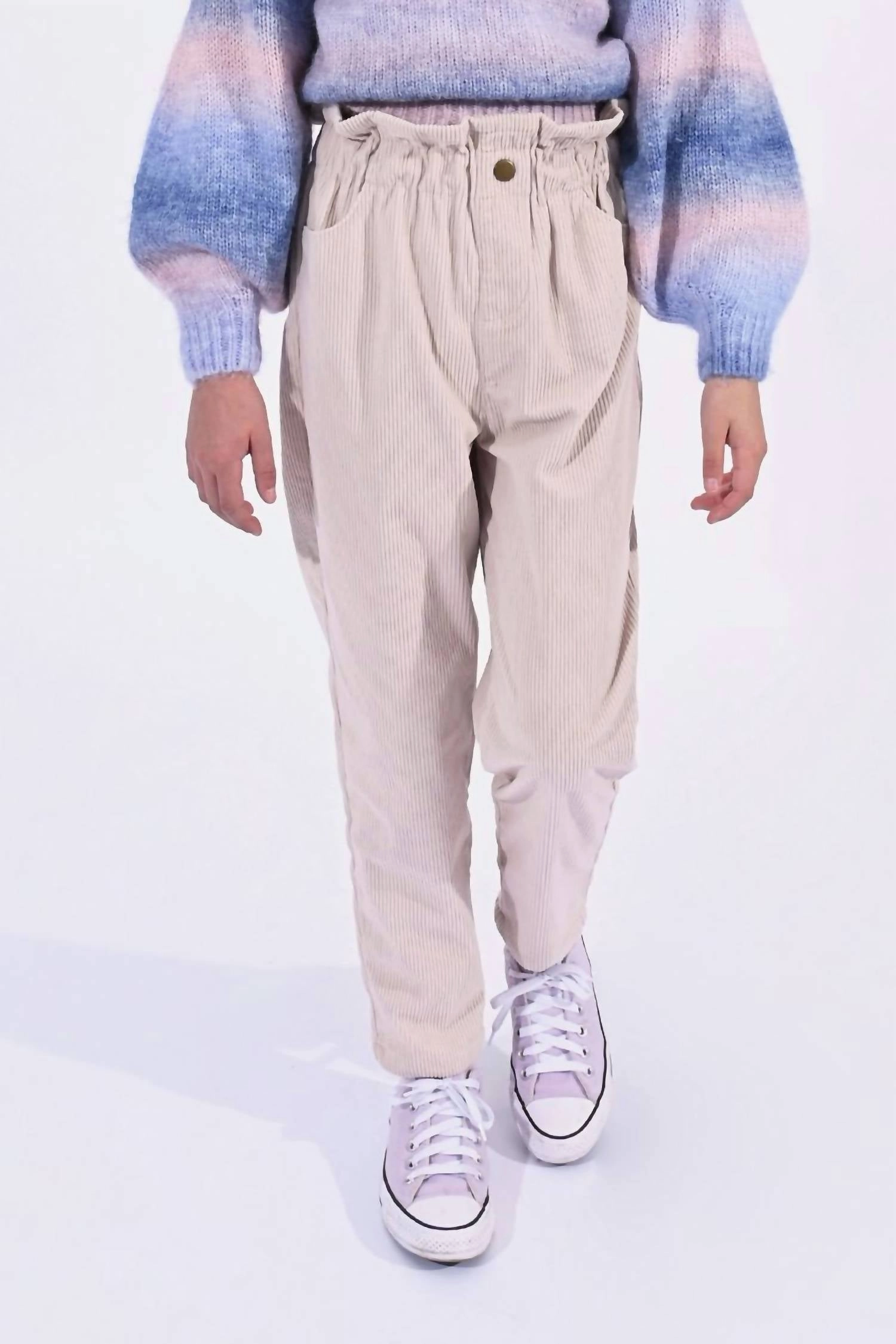simple design Simple Comfort Wear Girls Corduroy High-Waist Pant In Beige