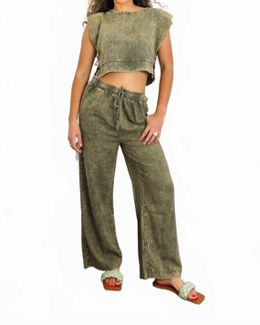 Stretchable Cuffs Olive Washed Linen Lounge Set