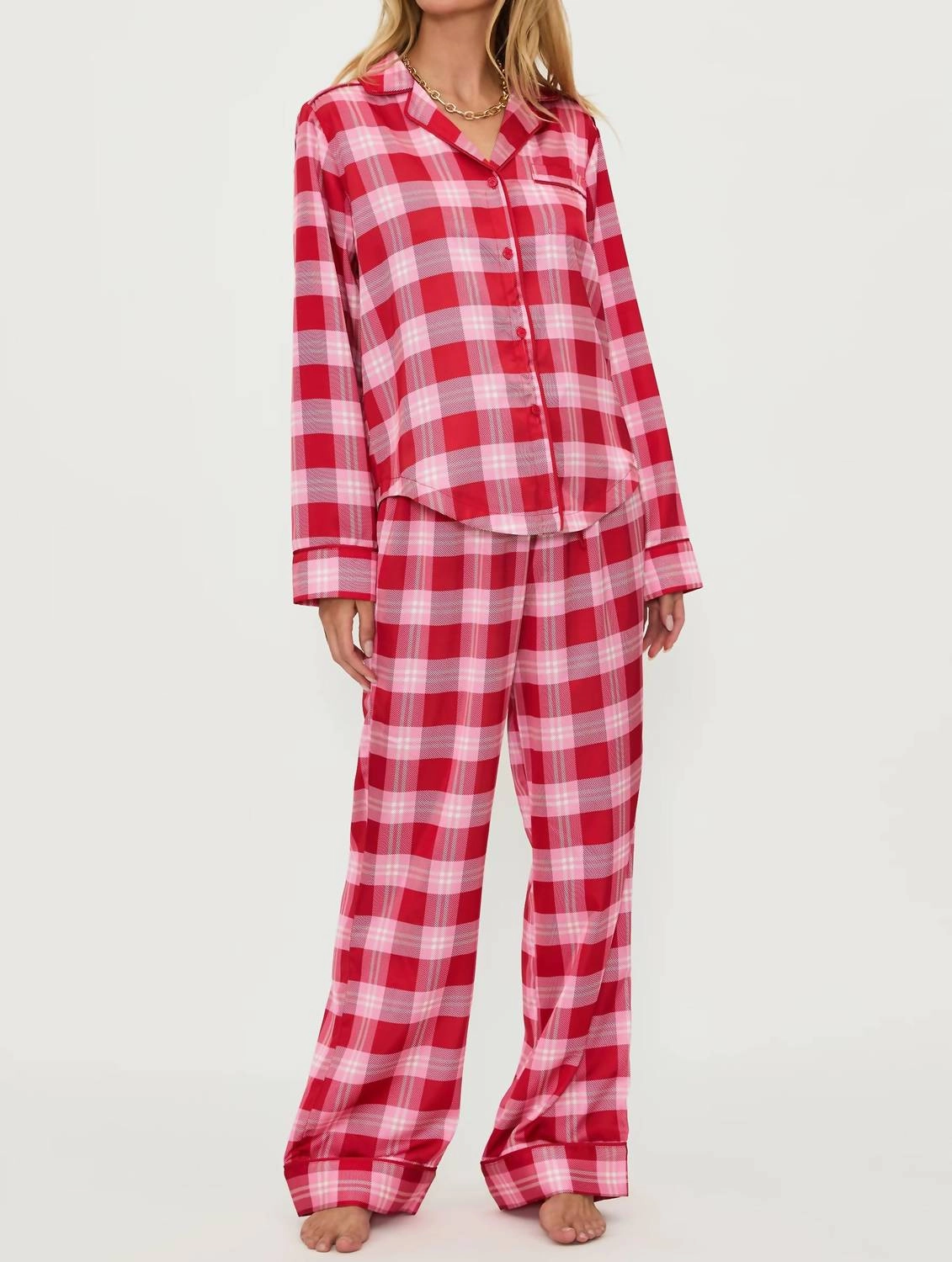 elastic waistband Tear Resistant Knit Livy Top & Connie Pants Pajama Set In Pink