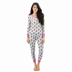 Womens Two Piece Cotton Pajamas Puppy Dropped Shoulder Cut Abrasion Resistant Edges