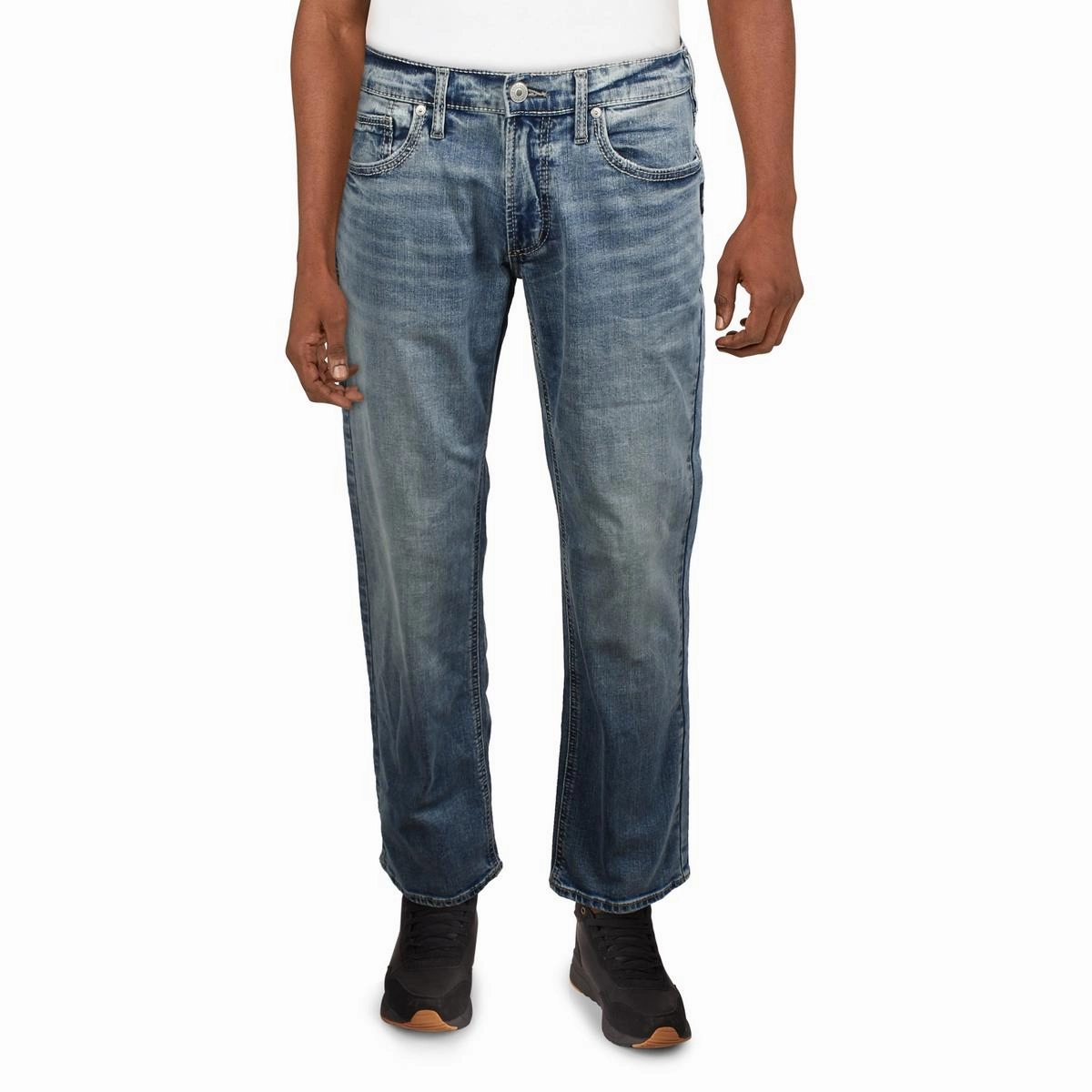 Allan Mens Denim Cotton Straight Leg Jeans Flat Lock Stitching Office Wear Casual