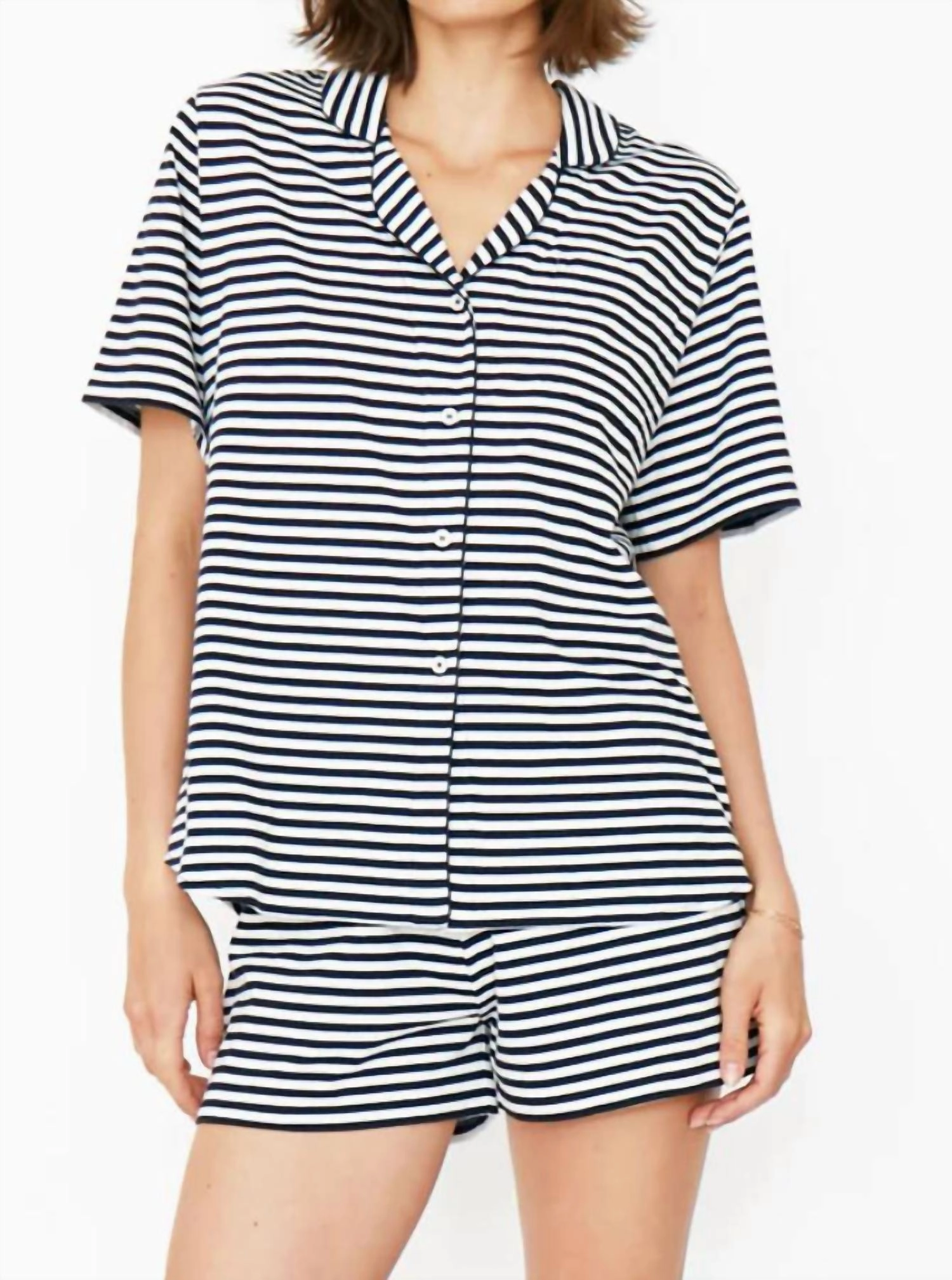 The Short Pajama Set In Navy/white AntiPilling Technology