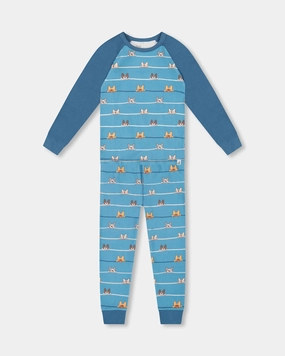 Two-Piece Organic Cotton Pajama Set Blue Dog Print Double Stitched Seams Thermal Regulating Material