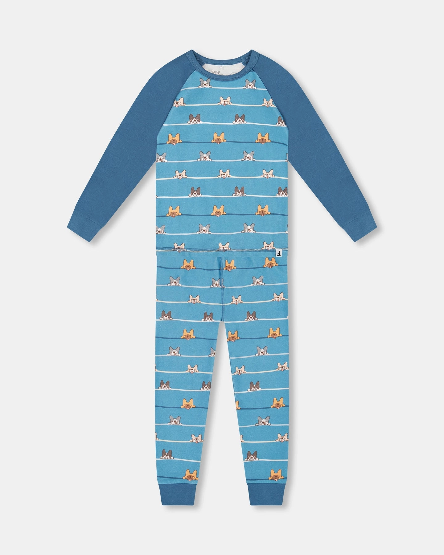 Two-Piece Organic Cotton Pajama Set Blue Dog Print Double Stitched Seams Thermal Regulating Material