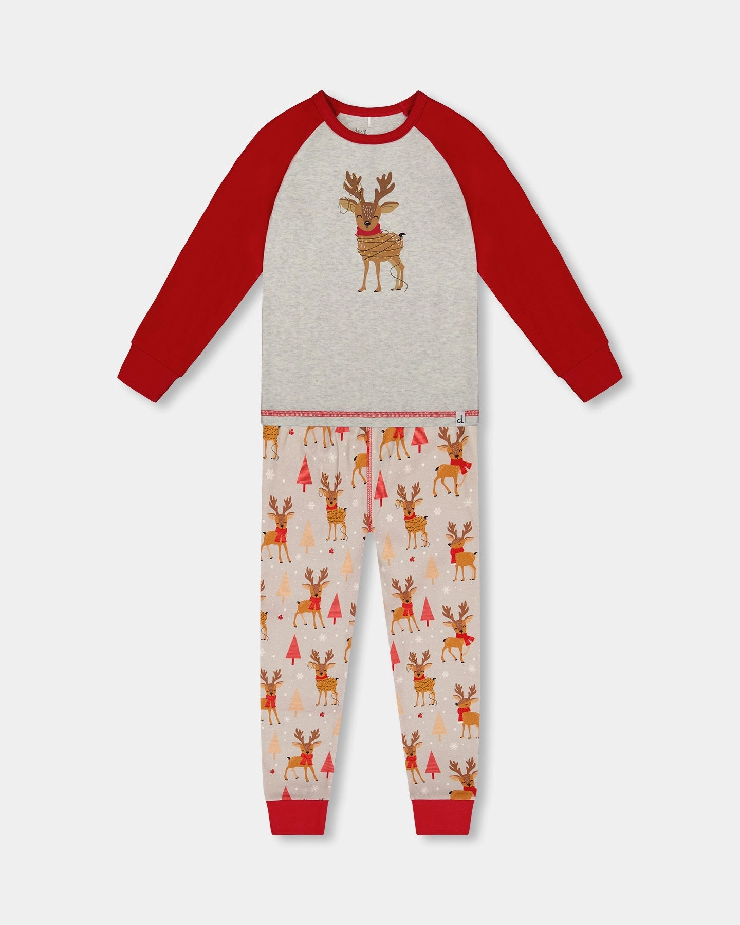 Two-Piece Organic Cotton Pajama Set Beige Reindeer Print Balanced Compression