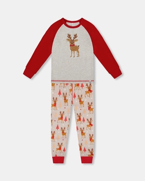 Two-Piece Organic Cotton Pajama Set Beige Reindeer Print Balanced Compression