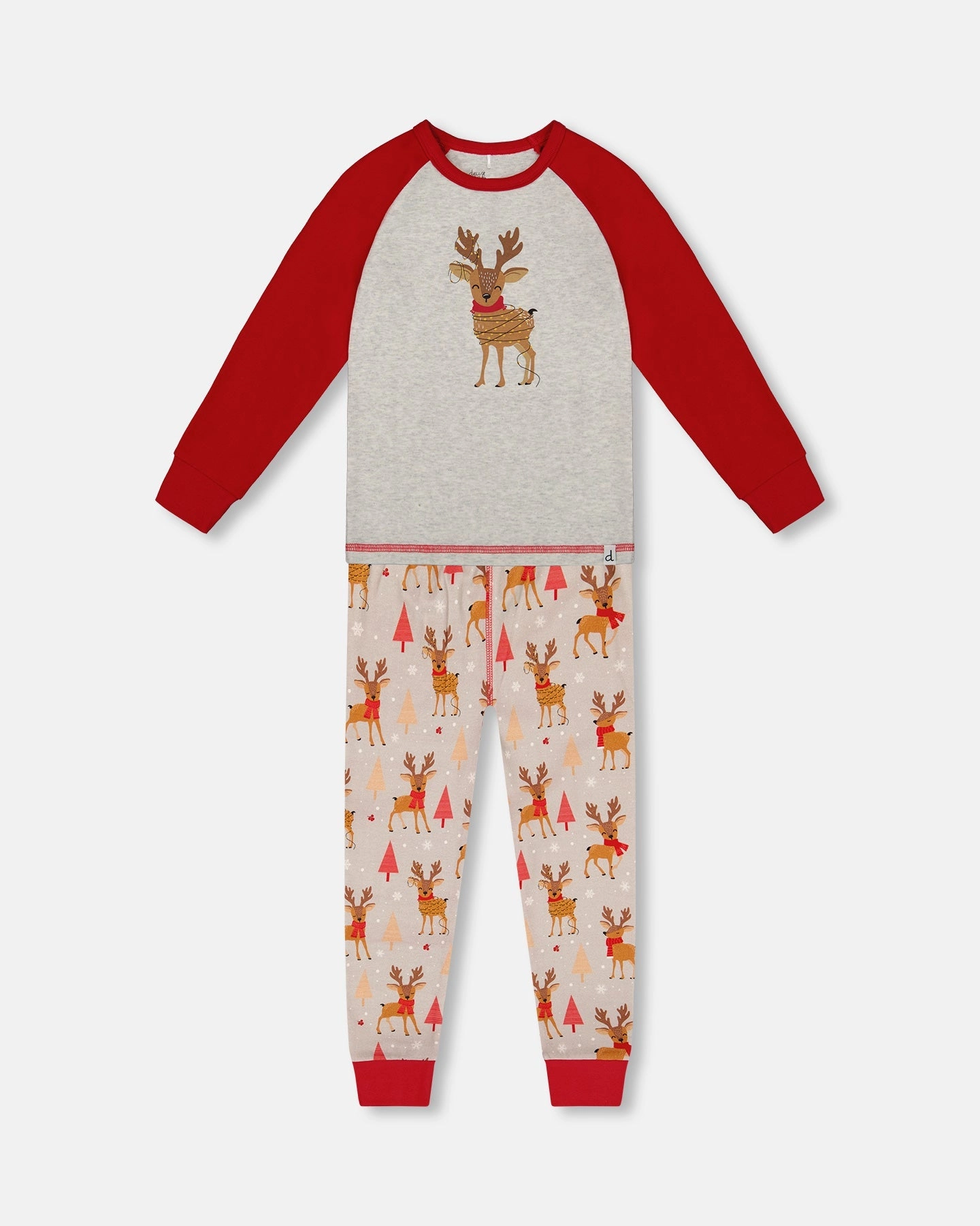 Two-Piece Organic Cotton Pajama Set Beige Reindeer Print wrinkle free finish