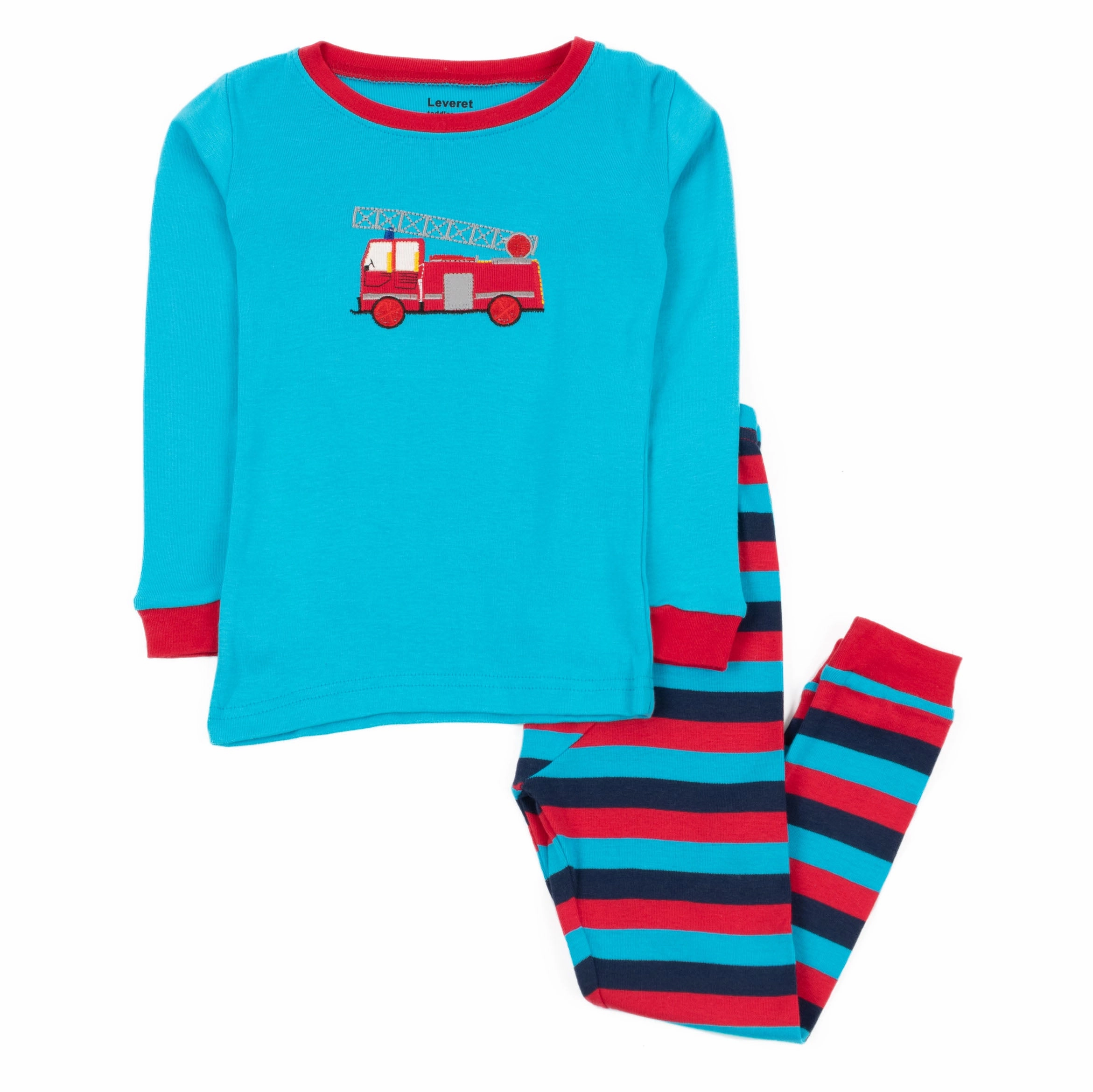 Wrinkle resistant fabric SweatWicking Fabric Kids Two Piece Cotton Pajamas Fire Truck With Stripes