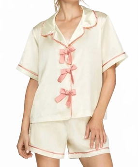 Ultra Soft Weave Temperature Regulating Material Satin Bow Pajama In Cream