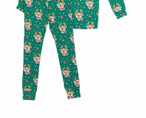 Boys Reindeer Long Sleeve Pajama Set In Green Non Restrictive Silhouette Quick Dry Technology