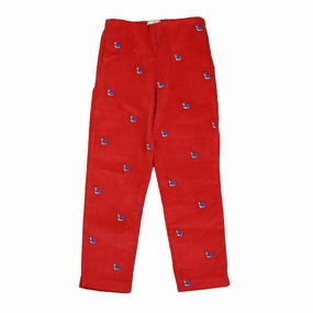 Anti Snag Threading Double Layered Hem Classic Prep Girls Red Snail Embroidery Corduroy Pants