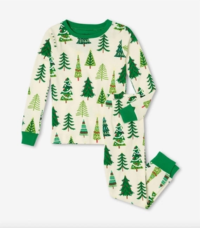 Kid's Christmas Tees Glow In The Dark Pajama Set In Green Minimalist Stitching OdorResistant Treatment