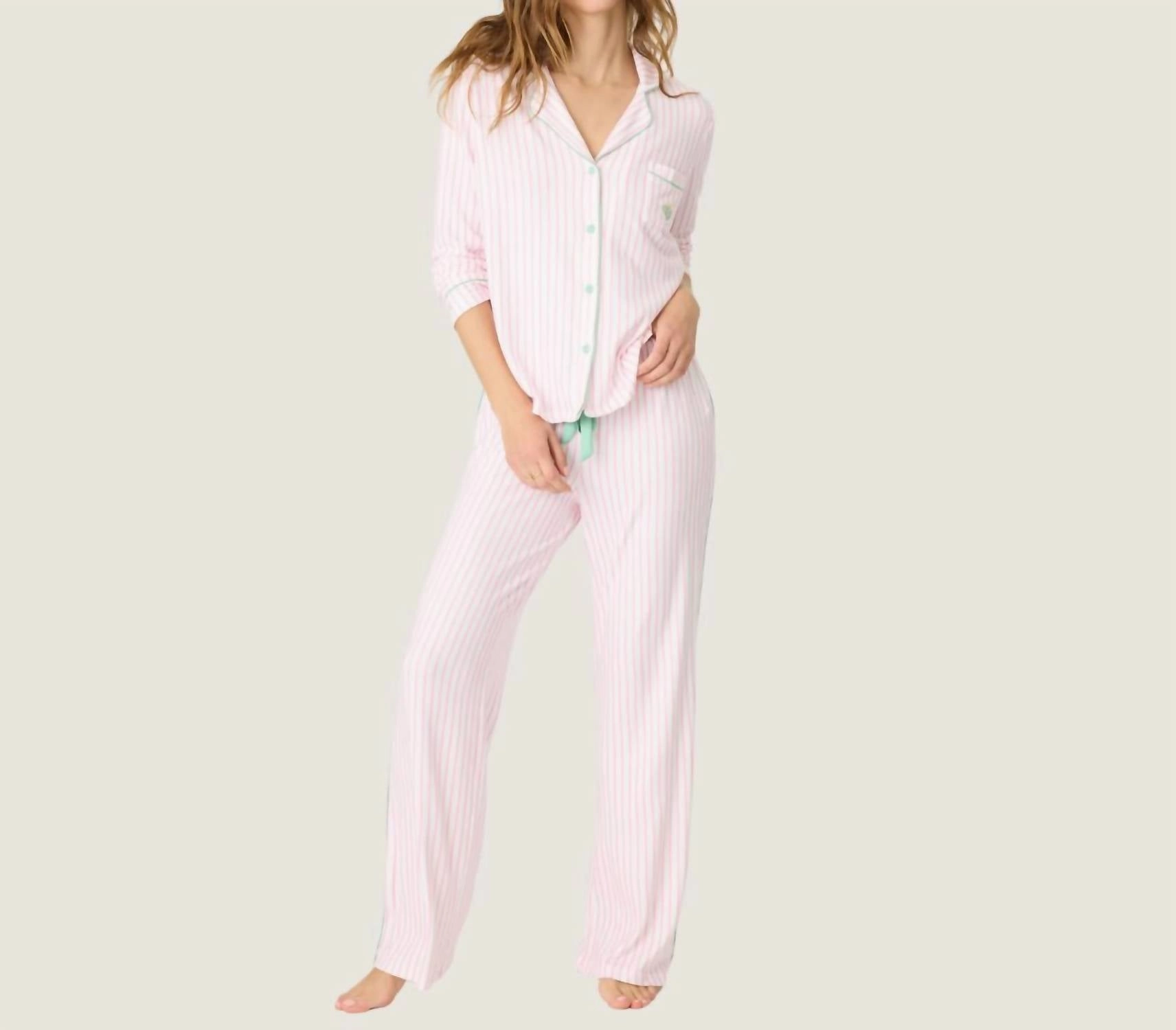 Happiest On The Court Striped Pj Set In Ivory/pink Temperature Regulating