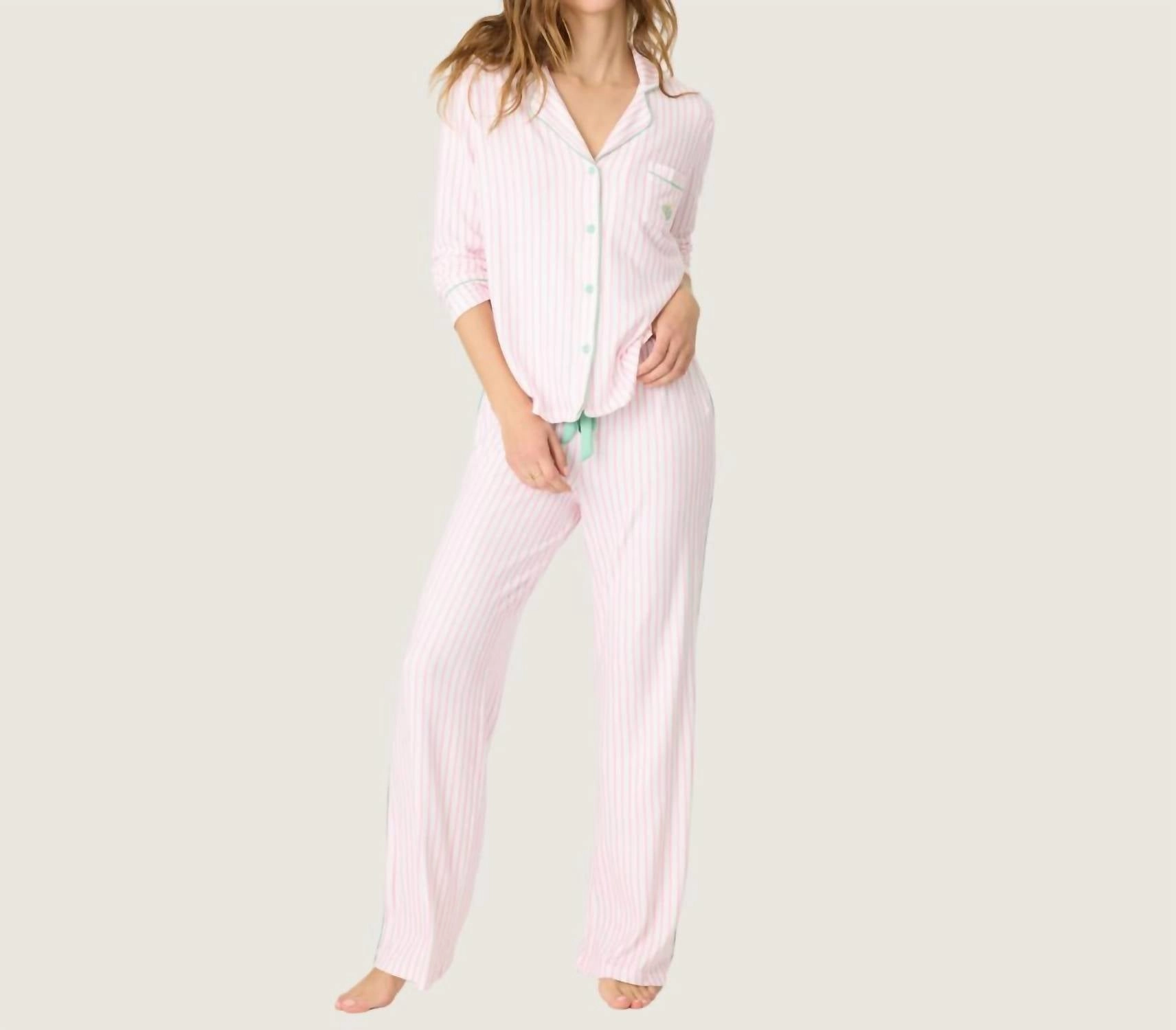 Happiest On The Court Striped Pj Set In Ivory/pink Easy Care Material TemperatureRegulating Fabric