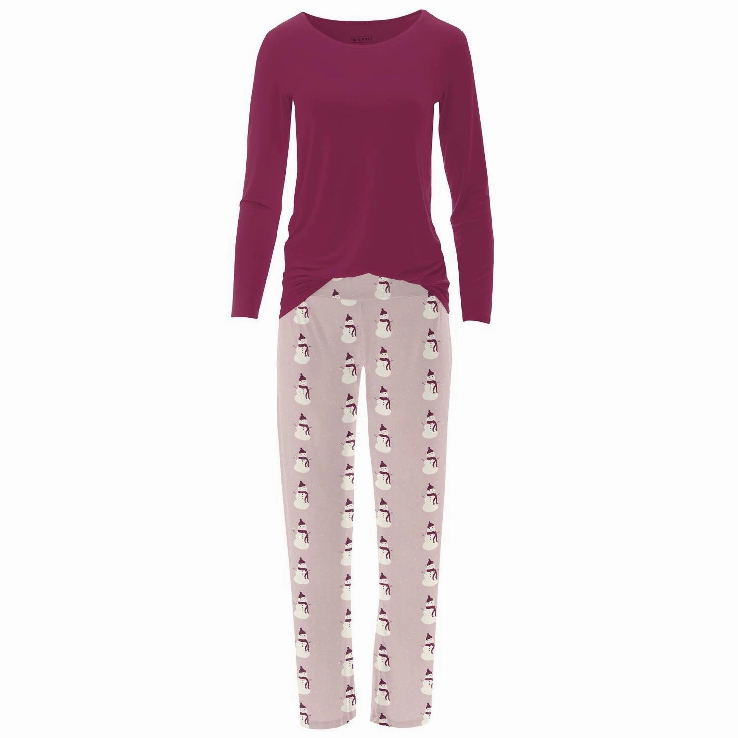 Women's Bamboo Print Long Sleeve Loosey Goosey Tee & Pajama Pants Set In Baby Rose Snowman Layered Hem Design Tear Resistant Knit