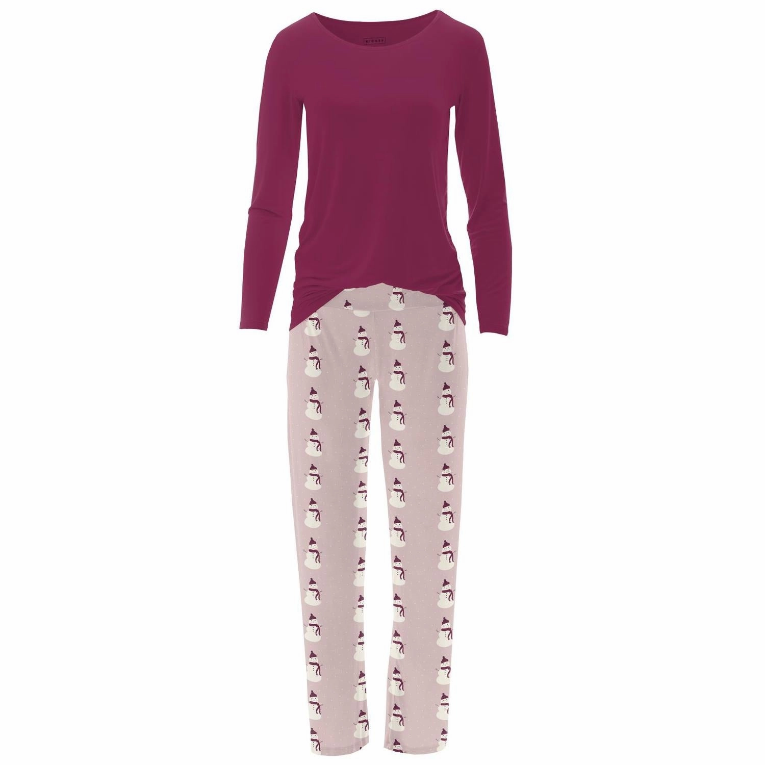 Women's Bamboo Print Long Sleeve Loosey Goosey Tee & Pajama Pants Set In Baby Rose Snowman Drop Shoulder Design Layered construction